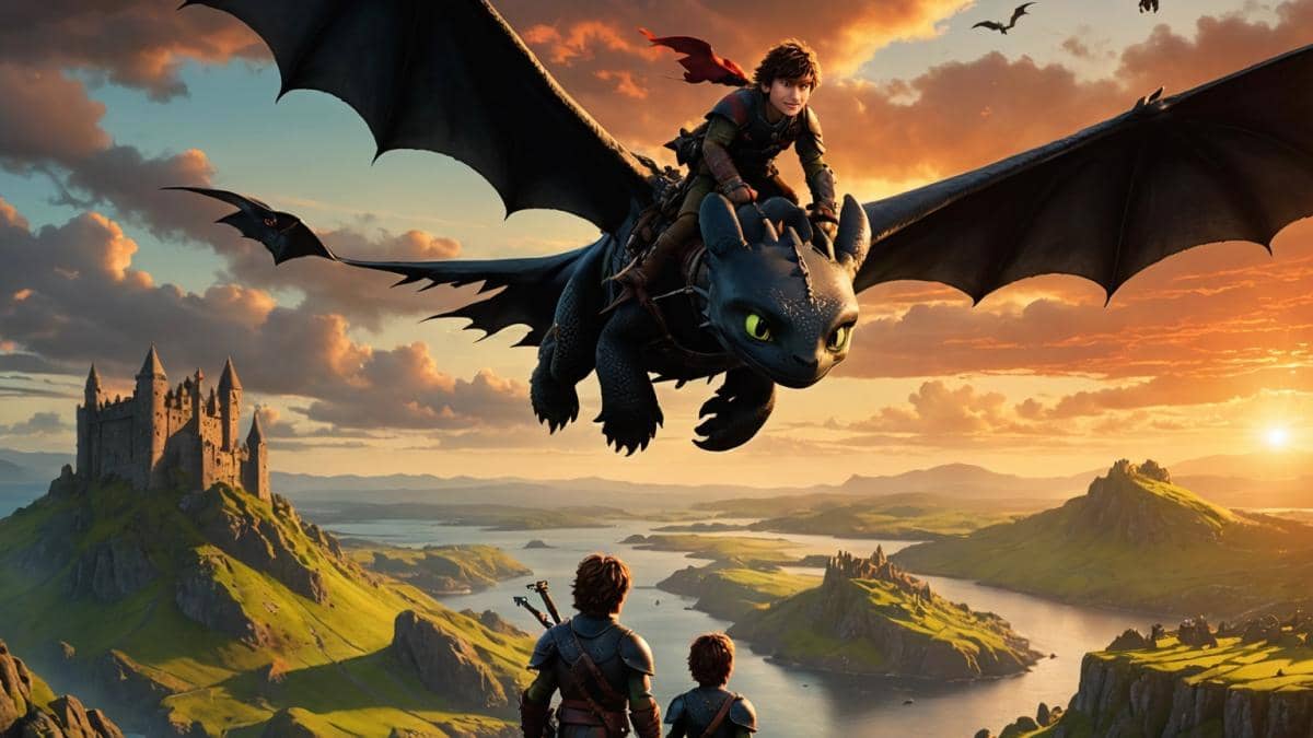 A realistic editorial-style image showing the main characters from 'How to Train Your Dragon' (Hiccup and Toothless), portrayed by real actors and CGI dragon, flying above dramatic Northern Ireland landscapes at sunset, cinematic lighting with vibrant skies, center-focused composition with dynamic motion, sharp details on both the young viking and the dragon, evoking awe and adventure.