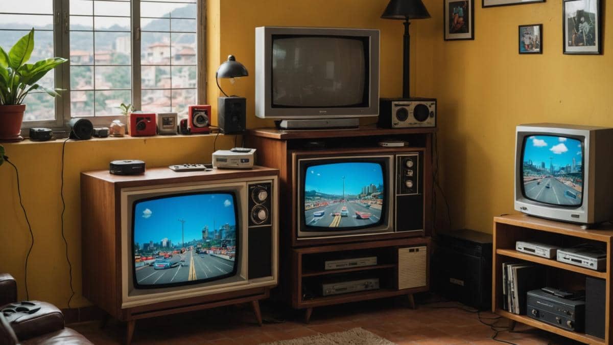 TV de tubo: ¿basura o el gadget vintage más cool del 2024? A retro living room in Medellín, Colombia, photorealistic editorial style, a well-centered old CRT tube TV surrounded by classic video game consoles like SNES and PlayStation 1, vibrant atmosphere with nostalgic decor and visible VHS tapes, natural daylight from a window, main subject (the CRT TV) in sharp focus at the center with cables and controllers neatly arranged around it.