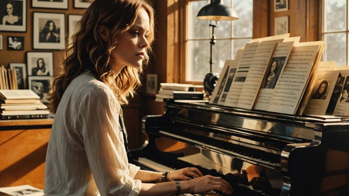Vanessa Paradis: el emotivo regreso musical marcado por la ausencia de Olivier Caillart Vanessa Paradis in a sunlit recording studio, sitting pensively at a piano with handwritten lyrics and vintage photos scattered around, editorial photorealistic style, warm natural light streaming through large windows, mood is reflective and bittersweet, main subject well-centered and in sharp focus, background featuring subtle music memorabilia.
