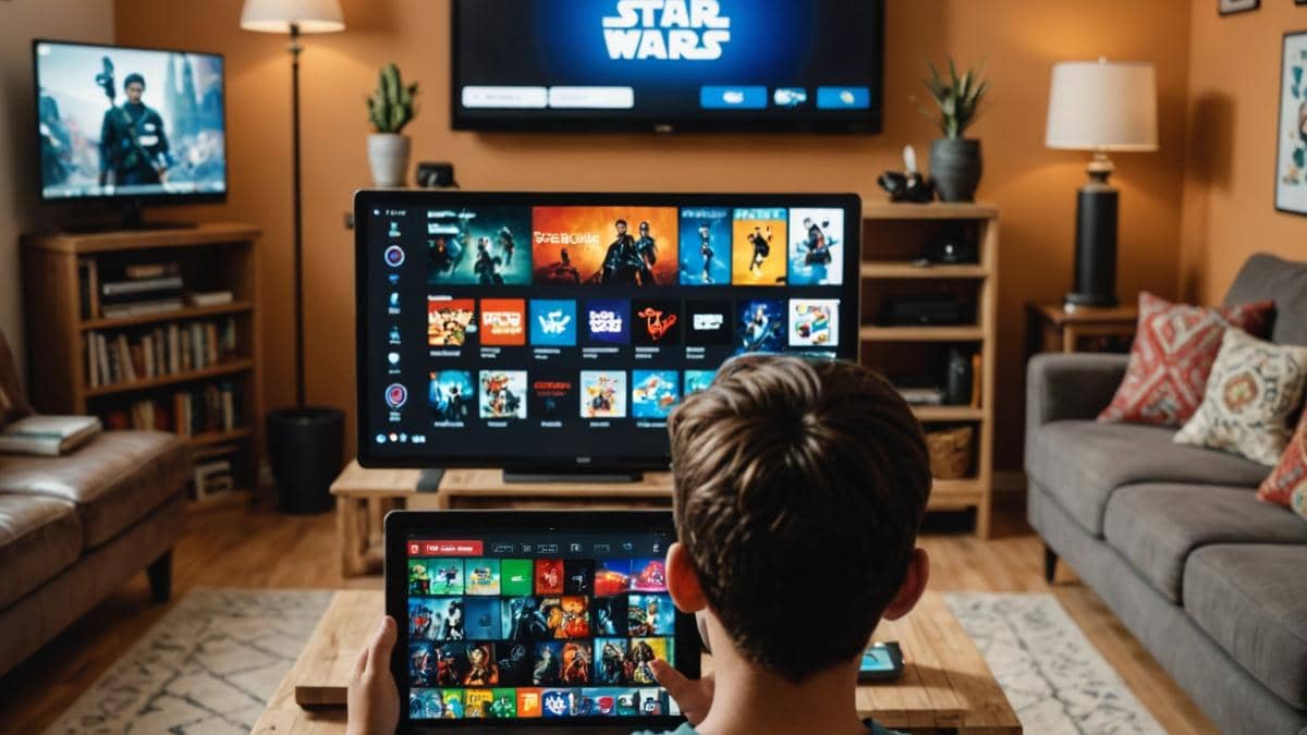Disney+ y ViX: ¿La unión de streaming que cambiará México? A young tech-savvy person in a modern Mexican living room, using a tablet and a smart TV showing both Disney+ and ViX logos side by side, photorealistic editorial style, warm natural lighting, subtle pop culture decor like Star Wars memorabilia and classic Mexican film posters, main subject centered and focused, vibrant but cozy atmosphere.