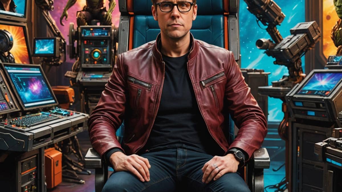 Guardianes de la Galaxia: ¿Por qué James Gunn rechazó a Thor y revolucionó Marvel? James Gunn, center-focused, seated in a director's chair on a vibrant film set reminiscent of Guardians of the Galaxy, editorial photorealistic style, surrounded by colorful sci-fi props and lighting, storyboard sketches visible, mood is confident and creative, sharp focus on Gunn with playful yet determined expression, clean background hinting at space and comic book elements.