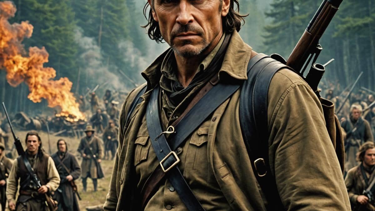 Der letzte Mohikaner: ¿Por qué sigue fascinando este clásico de aventuras? A centered, photorealistic editorial image of Daniel Day-Lewis as Hawkeye in 'The Last of the Mohicans', dressed in period frontier clothing, holding a vintage rifle. The background features lush American wilderness with dramatic lighting suggesting dawn. His expression is intense and focused. Around him, subtle hints of other characters and native motifs, evoking the film’s atmosphere of tension and romance. Clean composition, main subject sharply in focus, cinematic mood.