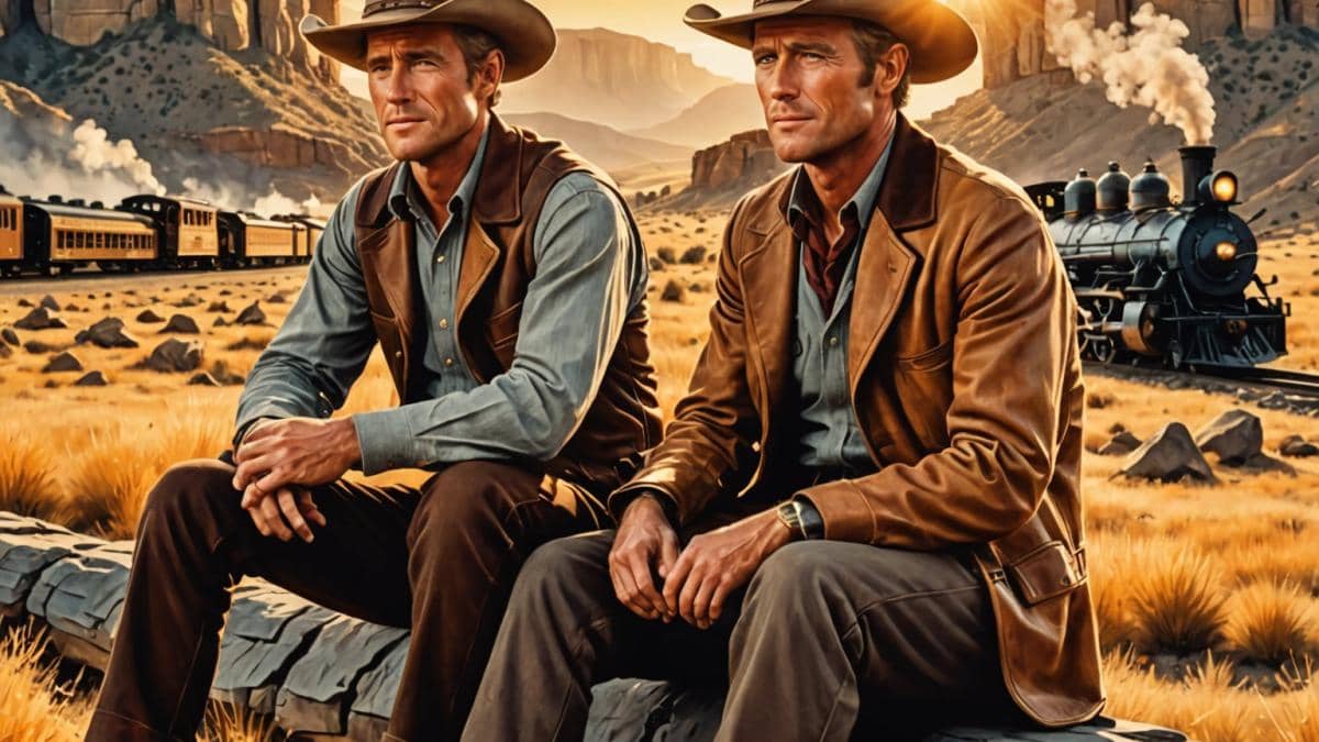 Butch Cassidy: El western en streaming que rompió las reglas y aún inspira Two charismatic cowboys, inspired by Paul Newman and Robert Redford, sitting side by side on a rocky outcrop at sunset, dressed in vintage western attire with hats tilted back, surrounded by golden prairie grass. Photorealistic editorial style, warm nostalgic lighting highlighting their faces and camaraderie, a hint of steam train tracks in the background, main subjects well-centered and sharply in focus for a professional magazine look.