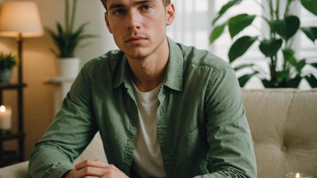 Mariés au premier regard: ¿Qué nos enseña realmente sobre el amor propio y la sanación emocional? A photorealistic editorial-style image of a contemplative young man sitting in a bright, modern living room, holding a wedding ring and looking thoughtful, with a green plant and soft candlelight in the background. The mood is reflective yet hopeful, with clear focus on the man's face and hands, center composition, clean and uncluttered background.
