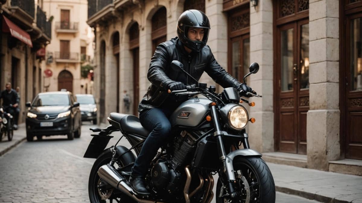 Motos chinas en España: ¿Cómo Voge superó a BMW usando su propia tecnología? A photorealistic editorial-style image of a modern Chinese-made Voge motorcycle, centered and in sharp focus, parked on a scenic Spanish city street. The background features classic European architecture and local riders examining the bike with curiosity. Daytime lighting, vivid details of the bike's advanced dashboard, and subtle branding visible. The mood is lively and contemporary, highlighting innovation and excitement in the urban setting.