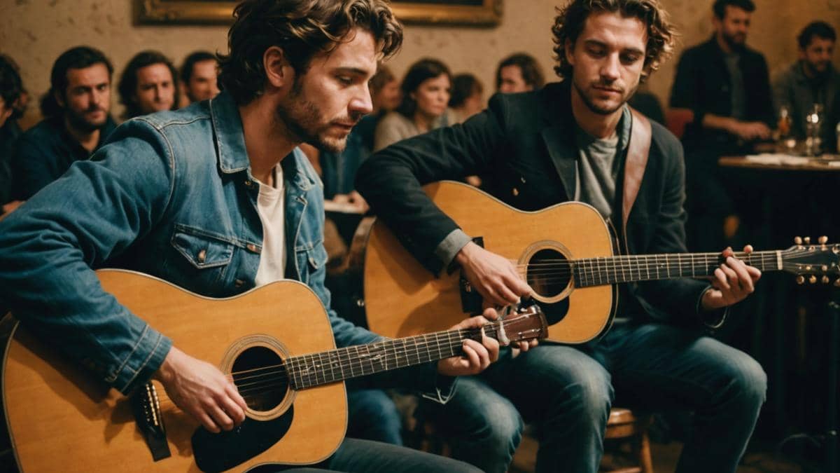 Two French male musicians in their early 30s, sitting together on a small stage with acoustic guitars, sharing an emotional moment under soft concert lighting, photorealistic editorial style, subtle crowd in the background, vintage posters on the walls, main subjects well-centered and in sharp focus, conveying nostalgia and anticipation.