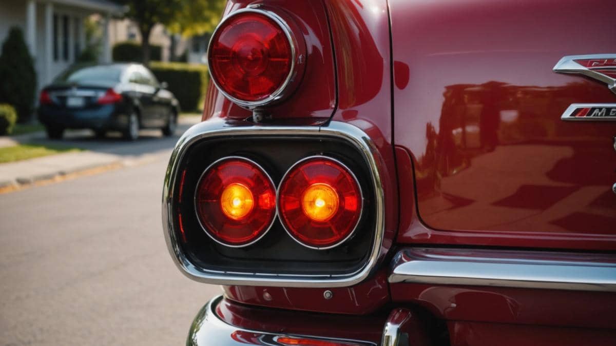 Luces intermitentes en EEUU: ¿ahorro o riesgo oculto? Mi experiencia entre dos mundos A close-up of the rear lights of an American classic car showing both red brake and turn signal lights illuminated, photorealistic editorial style, daytime lighting, the vehicle is parked on a typical US suburban street, focus on the taillight cluster with a clear contrast between red and amber segments, main subject well-centered and sharp, clean background with subtle hints of other cars and trees.