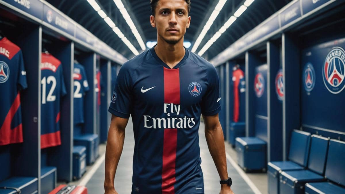 A focused professional football captain (Marquinhos lookalike), wearing a Paris Saint-Germain jersey, stands in the center of a stadium tunnel, suitcases in hand, looking determined yet thoughtful. Photorealistic editorial style, evening light casts soft shadows, stadium lights glow behind him, subtle PSG banners on the walls, mood is hopeful and ambitious. Main subject well-centered and sharply in focus, clean background highlighting the moment of transition.