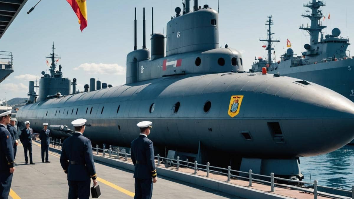 Submarinos de hidrógeno en España: ¿cómo funciona la revolución del S-80? A modern Spanish submarine (S-81 Isaac Peral) docked at a naval port, engineers in navy uniforms inspecting advanced hydrogen production equipment on deck, photorealistic editorial style, crisp daylight, technology details visible, main subject centered and in sharp focus, subtle Spanish flags and military insignia in the background.