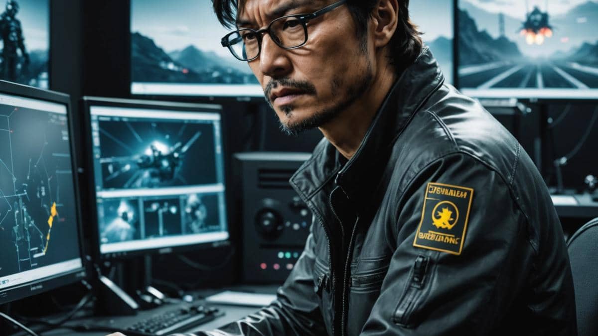 Hideo Kojima: ¿Es posible heredar el genio detrás de sus videojuegos? Hideo Kojima, well-centered in a modern game development studio, photorealistic editorial style, surrounded by monitors with iconic game visuals, soft but focused lighting highlighting his thoughtful expression, subtle references to Metal Gear and Death Stranding in the background, clear and sharp main subject, professional atmosphere.