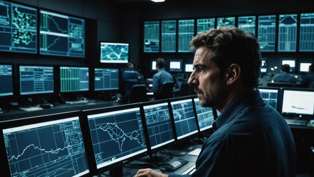 Apagón eléctrico en España: ¿Por qué siete segundos bastaron para el caos? A photorealistic editorial-style image showing the main control room of a Spanish electrical grid operator during a blackout event, with engineers urgently checking monitors displaying fluctuating power lines. Centered, an engineer looks concerned at the screens, surrounded by high-tech equipment and digital maps. The environment is modern, well-lit but tense, with subtle sunlight filtering in. Main subject is clearly centered and sharply in focus for a professional news publication feel.