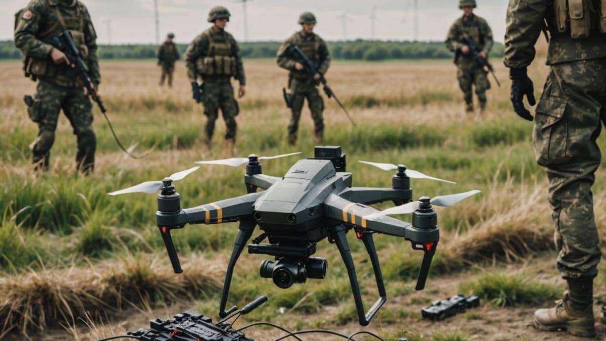 Drones de fibra óptica: el arma invisible que está redefiniendo la guerra (y el futuro tecnológico) A battlefield in Ukraine, central focus on a small drone with a long spool of optical fiber cable trailing behind it, photorealistic editorial style, daylight with a slightly overcast sky, close-up of shiny cables scattered like webs across grassy terrain, soldiers in modern camouflage gear in the background examining the cables, realistic textures and details, the drone and cable clearly centered and in sharp focus, environment looks war-torn but not overly dramatic.
