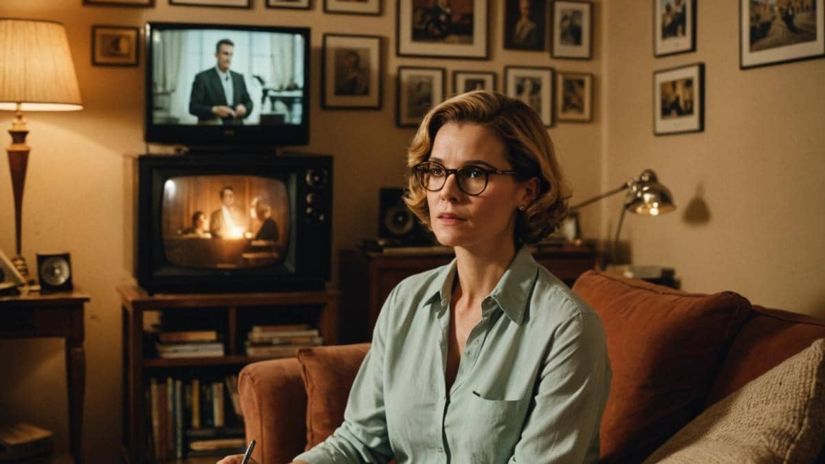 A centered photorealistic editorial-style image of a classic cinema living room in Madrid, with vintage movie posters (including The English Patient) on the walls, a person (woman in her 30s with short hair and glasses) sitting on a cozy sofa surrounded by film books and notebooks, watching an emotional wartime scene on a flat-screen TV. Warm lighting, nostalgic mood, details like vinyl records and a steaming mug on the coffee table. Main subject well-centered and sharply in focus.
