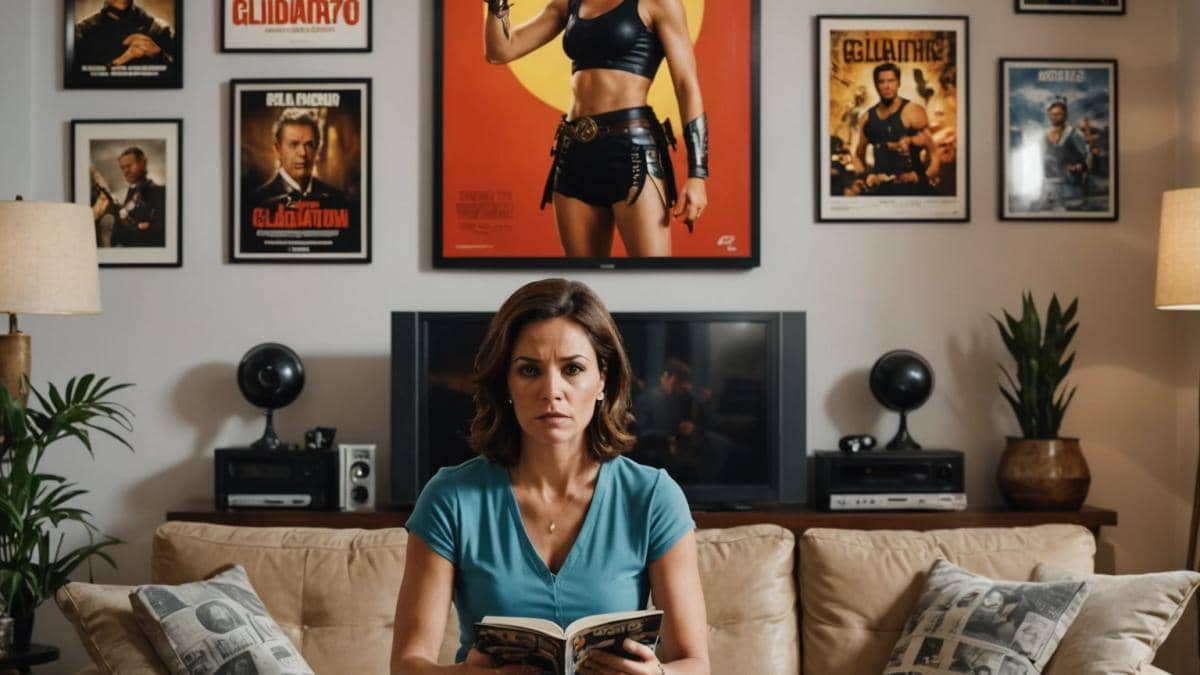 Gladiador 2 en streaming: ¿vale la pena el épico regreso que nadie esperaba? A centered, photorealistic editorial image of a modern living room in Madrid with a large TV displaying an intense gladiator fight scene from Gladiator 2. A woman in her 30s, holding a notebook and pen, sits on a sofa surrounded by classic movie posters, vinyl records, and soft lighting, with expressions of anticipation and excitement. The main subject (the woman) is well-lit, sharply focused at the center, creating a warm yet dynamic atmosphere ideal for an entertainment feature.