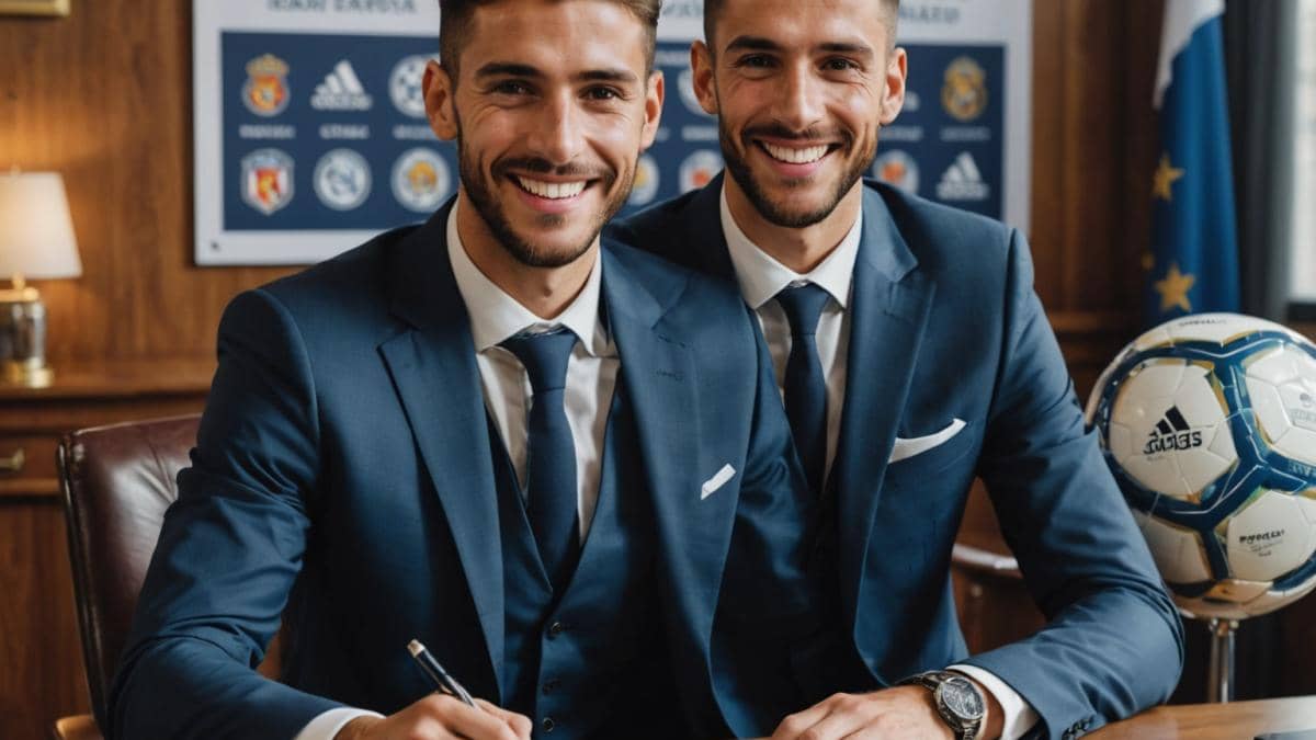 A young, talented Argentine footballer signing his contract with Real Madrid, photorealistic editorial style, bright natural light, the player and a smiling agent centered at a polished wooden table with club banners in the background. Both wear stylish suits. The main subject is sharply focused in the center, showing a mix of excitement and ambition.