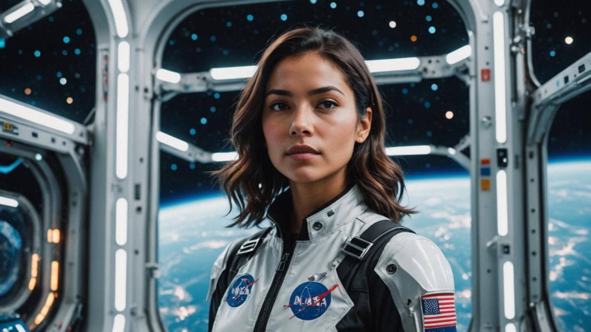 Astronautas de verdad: ¿qué hay detrás del caso Laysa Peixoto y los mitos espaciales? A young Latin American woman in a sleek futuristic outfit, standing confidently with a backdrop of stars and Earth visible through a large space station window, photorealistic editorial style, bright lighting emphasizing her expression, subtle NASA and tech props nearby, center-focused composition, sharp details on her face and suit.