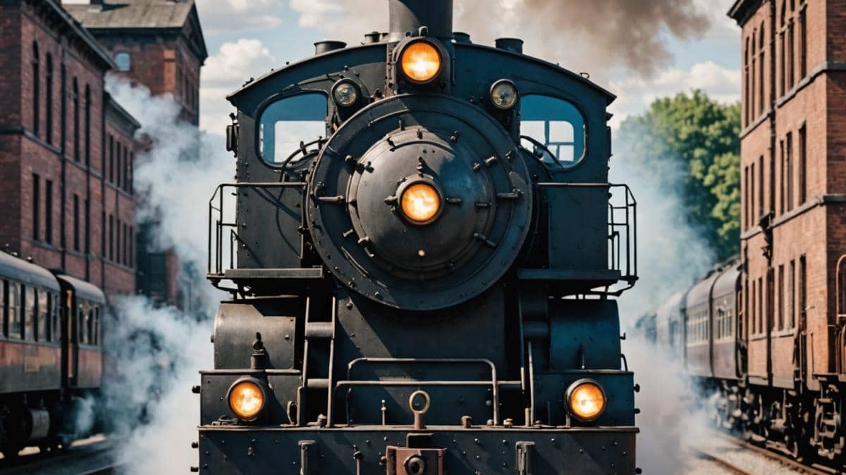 Regreso al futuro: ¿Has notado el secreto del condensador de fluzo en la tercera película? A vintage steam locomotive from 'Back to the Future III', front view, photorealistic editorial style, vibrant daylight on a railway with subtle steampunk elements, the iconic flux capacitor clearly visible under the train's chimneys, main subject centered and in sharp focus, nostalgic cinematic mood.