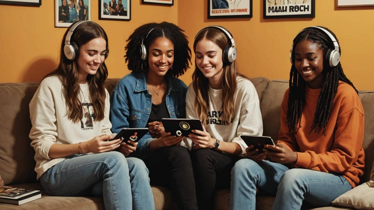 ¿Por qué estos nuevos discos están arrasando? Lo que no te cuentan de HAIM, Yaya Bey y más A group of young adults sitting together in a cozy living room, each holding vinyl records and streaming music on their phones, photorealistic editorial style, warm ambient lighting with posters of HAIM, Yaya Bey, and Karol G on the wall, main subjects well-centered and smiling while discussing the music, sharp focus and clean background with hints of urban pop culture.