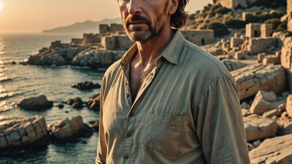 La Odisea de Nolan vs El regreso de Ulises: ¿quién reinventa mejor el mito? A dramatic editorial photo of Ralph Fiennes in character as a weathered, modern-day Odysseus, standing on a rocky Mediterranean shore at sunset, with intense facial expression and windswept hair, photorealistic editorial style, moody golden hour lighting, ancient ruins faintly visible in the background, main subject centered and in sharp focus.