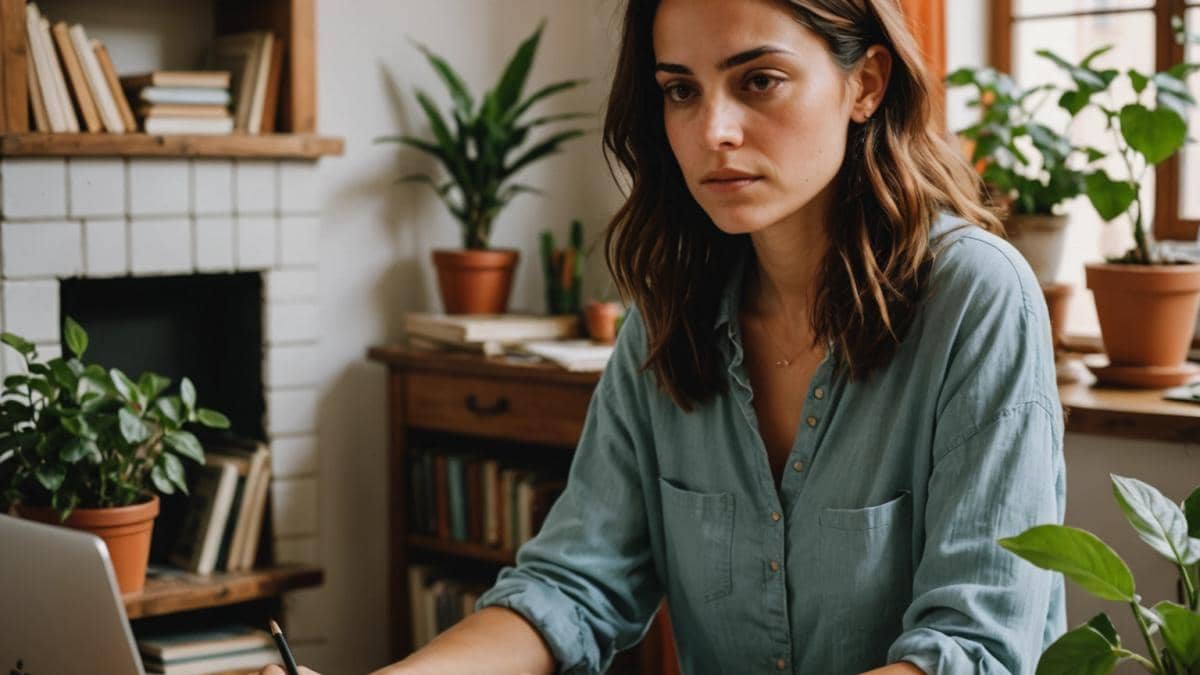 A young Spanish woman in her early 30s, sitting at a cozy, plant-filled apartment table with books and a laptop, thoughtful expression as she reviews international education statistics, photorealistic editorial style, bright natural lighting, Spanish decor details like ceramic tiles and aromatic candles in the background, main subject well-centered and sharply focused.