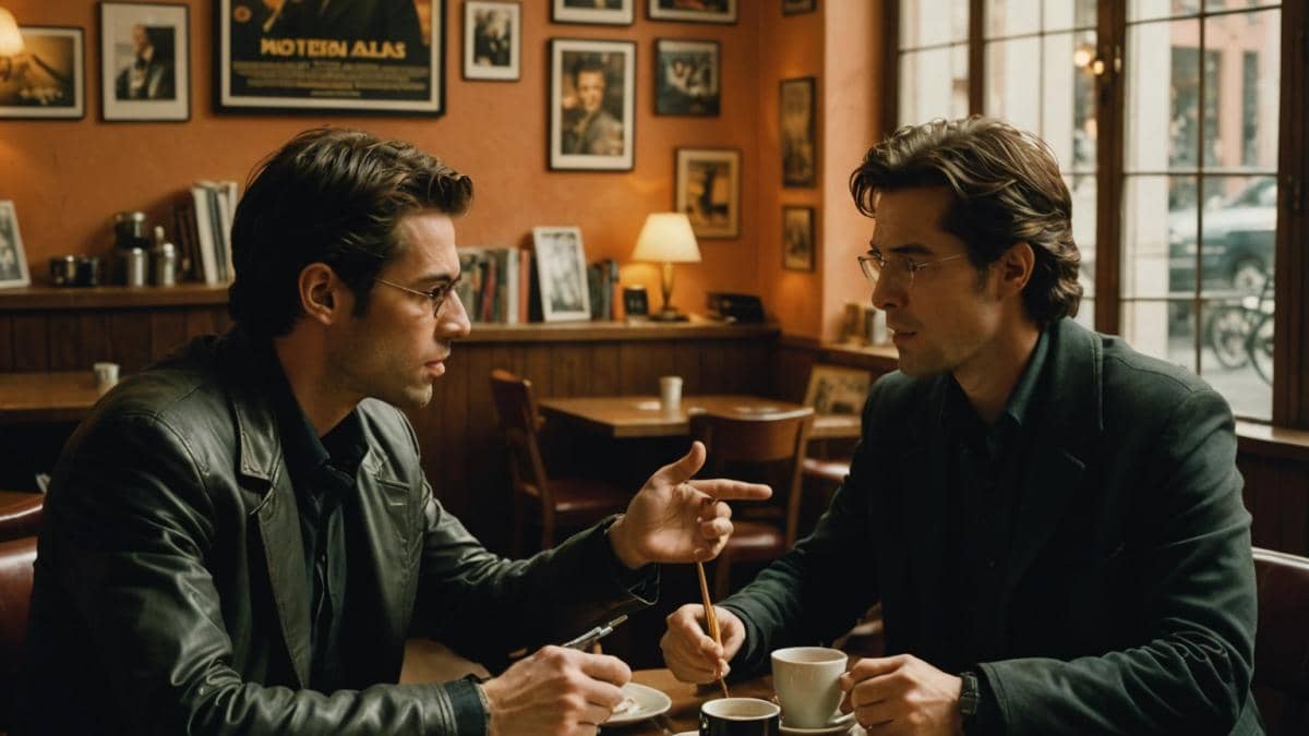 Matrix, polémica y Paul Schrader: ¿Realmente Hugo Weaving es tan mal actor? A photorealistic editorial-style image of a heated film debate in a cozy Madrid café, two passionate film critics gesturing animatedly over coffee, with movie posters of Matrix and Cloud Atlas in the background, warm evening light filtering through the window, notebooks and classic film books scattered on the table, main subjects centered and sharply in focus.