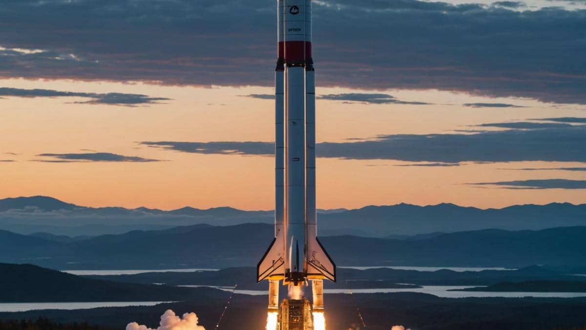 Japón arrasa con Honda: el cohete que desafía a SpaceX desde dentro A sleek, modern rocket emblazoned with the Honda logo, landing vertically on a specialized launchpad at dusk in Hokkaido, Japan. The scene is photorealistic and editorial in style, with dramatic lighting highlighting the precise touchdown. Engineers in futuristic uniforms watch from a safe distance with excitement and awe. The main subject—the Honda rocket—is perfectly centered and in sharp focus, showcasing its advanced technology and clean design.