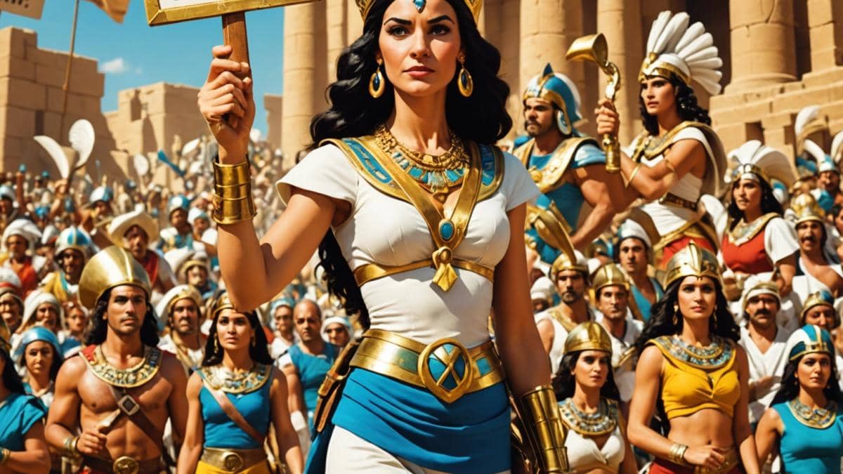 Astérix Misión Cleopatra: ¿Por qué esta broma de Chabat sigue pasando desapercibida 23 años después? A lively film set recreation of 'Astérix & Obélix: Mission Cléopâtre', editorial photorealistic style, the main focus is on a charismatic French actress in ancient Egyptian costume (as Itinéris) passionately leading a group of workers holding placards with retro mobile phones and the slogan 'Pas contents!', surrounded by Gaulish characters in vibrant costumes, warm daylight, playful nostalgic mood, vintage props like early 2000s mobile phones clearly visible, clean desert palace background. Main subject (Itinéris) centered and in sharp focus.