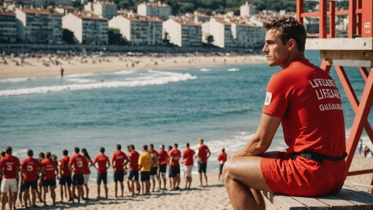 Alquiler y socorristas: ¿pueden convivir las playas gallegas con precios imposibles? A lifeguard in red uniform sitting on a wooden tower overlooking a crowded Galician beach, photorealistic editorial style, warm midday sunlight, clearly visible modern apartment buildings and 'For Rent' signs in the background, mood is thoughtful and slightly concerned, main subject centered and sharply in focus.