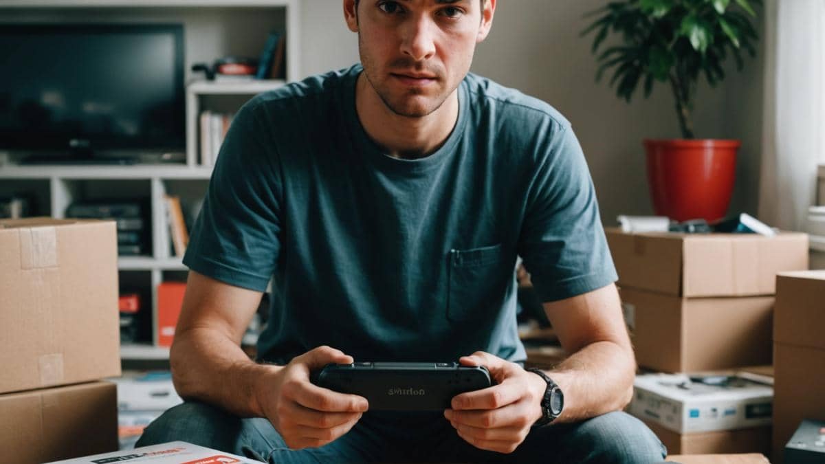 Nintendo Switch 2: ¿Por qué la polémica de los tickets arruinados revela un problema más grande? A disappointed gamer in his apartment, holding an opened Nintendo Switch 2 box with a visibly damaged screen and a receipt stapled through the packaging, photorealistic editorial style, well-lit room filled with various retro and modern consoles in the background, main subject centered and in sharp focus, mix of frustration and disbelief on his face.