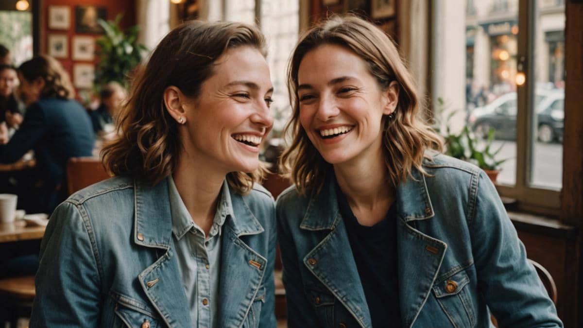 Identidad y amor propio: Lo que podemos aprender de Anne Le Nen (más allá de las etiquetas) Two women, center-focused, sharing a genuine laugh in a cozy Parisian café, photorealistic editorial style, warm afternoon light streaming through large windows, subtle pride flag pins on their jackets, surrounded by books and coffee mugs, plants in the background, vibrant and authentic mood. Main subjects are well-centered and sharply in focus.