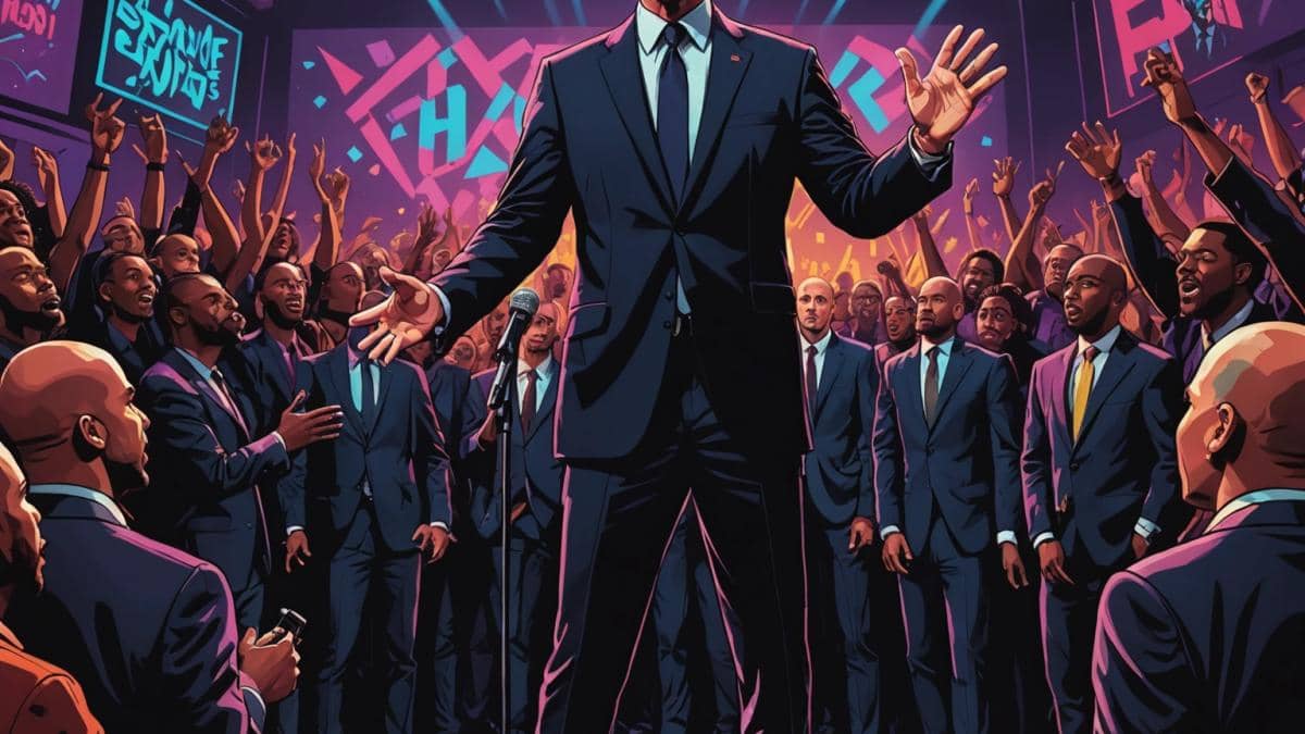 RXKNephew lanza un disstrack inesperado: ¿Por qué John Fetterman es el nuevo villano del rap alternativo? A tall, bald American politician in a dark suit (clearly referencing John Fetterman) standing awkwardly in the center of a vibrant underground music venue, photorealistic editorial style, dynamic lighting with neon colors, young diverse hip-hop fans surrounding him reacting with surprise and amusement, RXKNephew performing on stage in the background with a microphone, everyone sharply focused and centered, vivid urban details throughout.