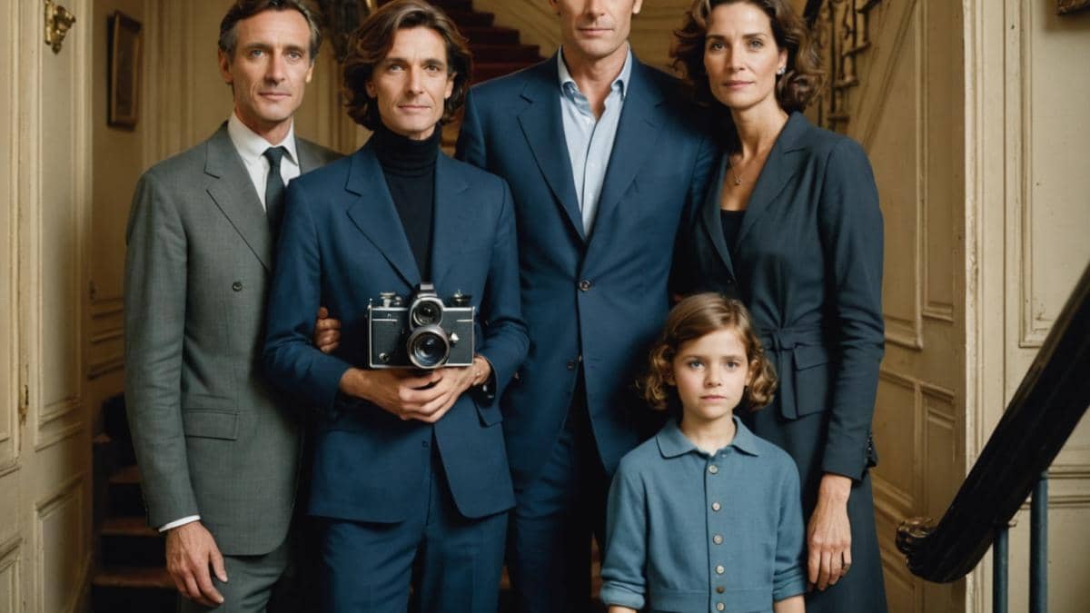 Éxito, pasión y legado: el clan Pailhas-Thompson contado desde dentro A candid, editorial-style photograph of a sophisticated French-Spanish family—two parents and two young adult children—posing in an elegantly-lit Parisian apartment stairwell. The parents (a stylish woman and man in their 40s) share a tender look, while their son (a confident young man with blue eyes) holds a vintage film camera at the center. Subtle film posters and books decorate the scene. The mood is intimate, warm, and aspirational; all subjects are sharply in focus with soft natural light highlighting their faces.