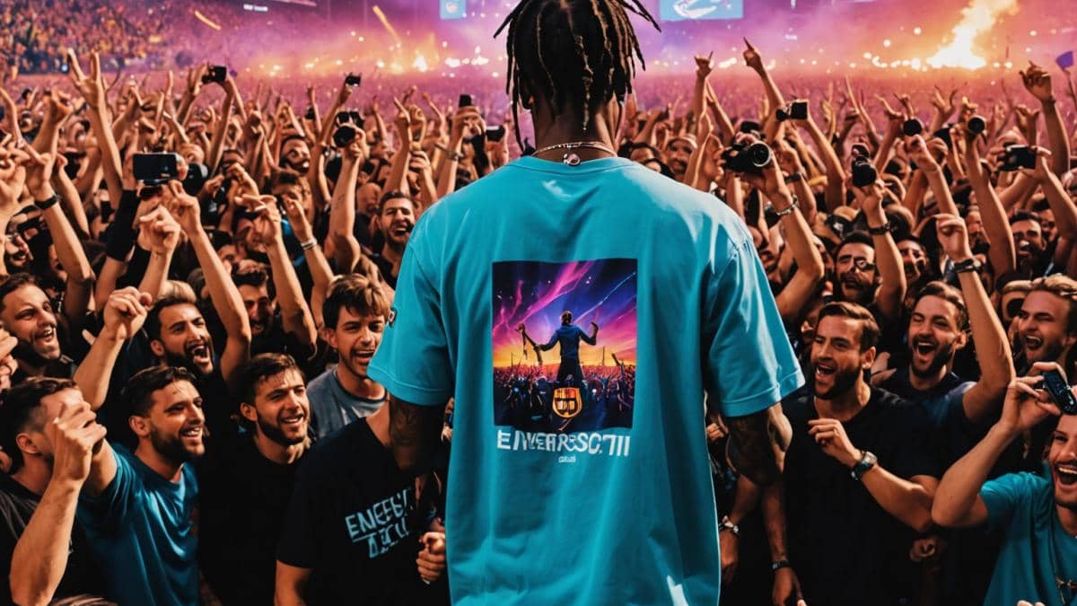 Travis Scott performing energetically on stage in Barcelona, photorealistic editorial style, vibrant lighting with a crowd of excited fans wearing FC Barcelona jerseys, iconic city skyline faintly visible in the background, main subject Travis Scott well-centered and in sharp focus, dynamic atmosphere, clean and modern stage setup.