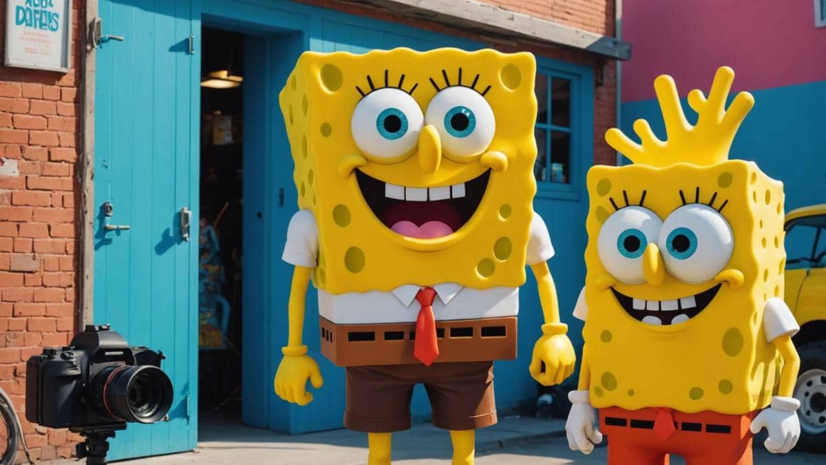 Ice Spice, dressed in bold colorful streetwear, standing confidently beside a life-size SpongeBob SquarePants mascot on a movie set, photorealistic editorial style, vibrant lighting with film crew and camera equipment visible, fun playful atmosphere, main subjects well-centered and sharply in focus, modern studio backdrop.