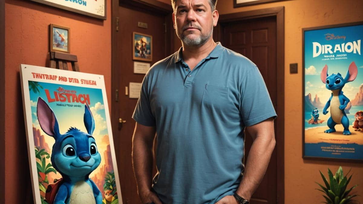 Disney y los remakes: ¿Por qué Dean DeBlois quedó fuera de ‘Lilo & Stitch’ en acción real? Dean DeBlois, thoughtful and slightly distant, stands at a movie set entrance with posters of 'Lilo & Stitch' and 'How to Train Your Dragon' behind him. Editorial photorealistic style, neutral warm lighting, focus on his contemplative expression, centered composition, subtle Disney references in the background but no overt branding.