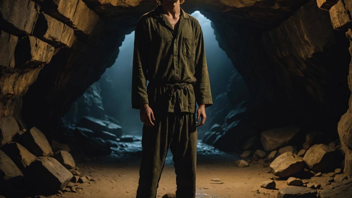 A young man in pajamas with disheveled hair stands awkwardly in the center of a dark, damp cave, illuminated by faint torchlight. He is barefoot, his feet dirty, and he looks both bewildered and determined. The background features glistening wet stone walls and distant hints of daylight at the cave's exit. Photorealistic editorial style, warm yet dramatic lighting focuses on the main subject clearly centered and in sharp focus, with subtle props like a pizza box and retro game controller on the ground nearby for added storytelling.