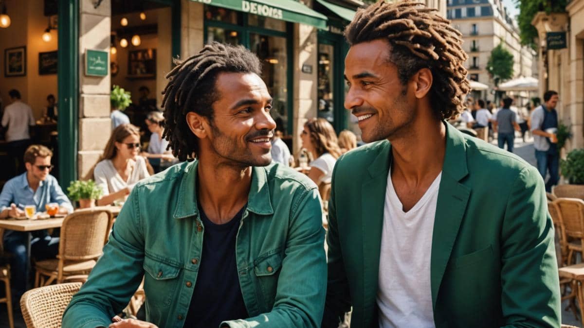 Bienestar y familias modernas: ¿qué podemos aprender de Yannick Noah y su hijo Joalukas? A modern family scene in Paris, Yannick Noah and his son Joalukas sharing a warm moment at a sunlit café terrace, photorealistic editorial style, relaxed urban ambiance with soft natural lighting, green plants around, stylish casual clothing, well-centered and in sharp focus, with subtle Parisian architecture in the background.