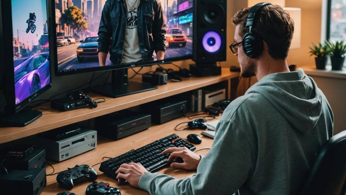 A modern gamer in his twenties, sitting at a desk surrounded by retro and new game consoles, watching the GTA 6 trailer on a sleek monitor with the Discord app open, photorealistic editorial style, well-lit cozy apartment with posters of classic Rockstar Games titles, main subject centered and sharply focused, energetic vibe.
