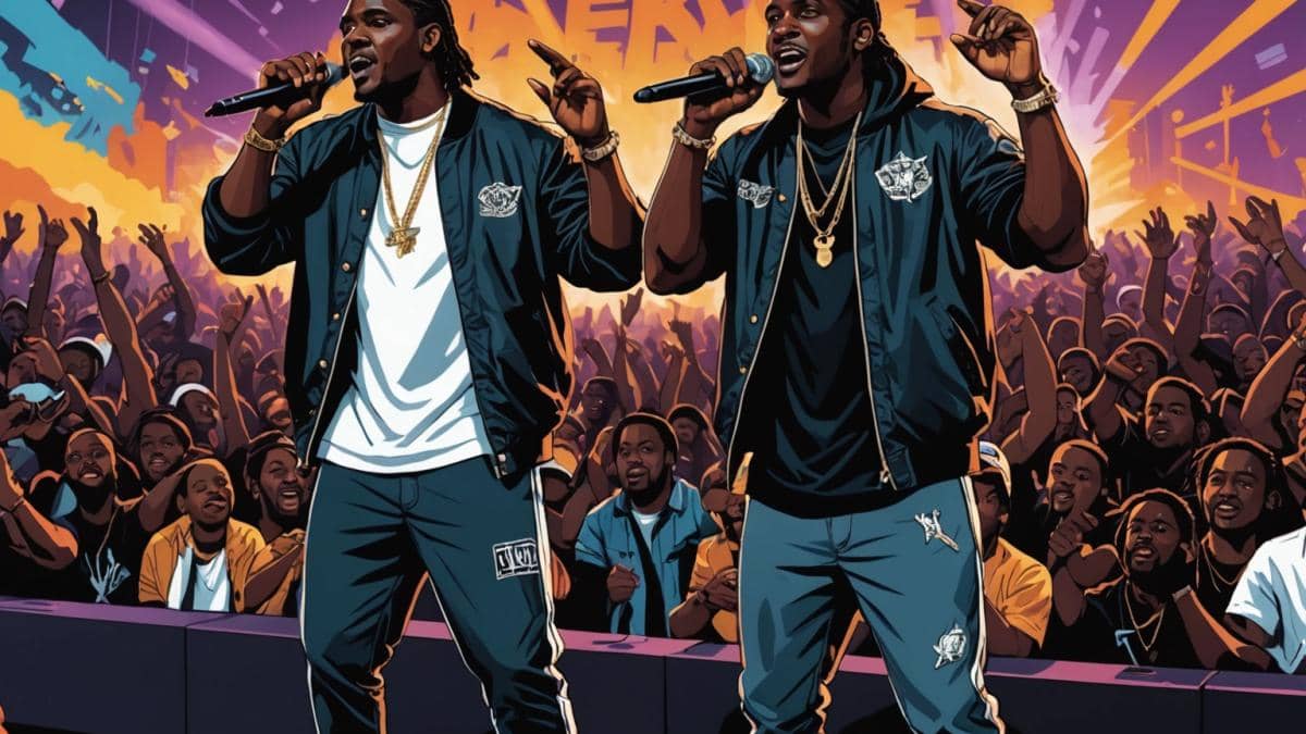 Clipse vuelve a escena: ¿Por qué su Let God Sort ’Em Out Tour es la gira hip hop más esperada del año? Pusha T and Malice of Clipse, performing energetically on stage during a packed hip hop concert, photorealistic editorial style, vibrant stage lights and a cheering crowd, EarthGang as special guests visible in the background, bold tour visuals displayed behind the artists, main subjects sharply centered and in focus with clear details of their expressive faces and stylish outfits, modern urban concert atmosphere.
