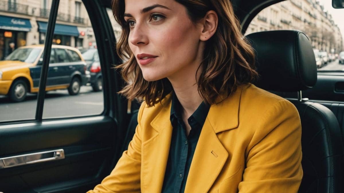 Clara Luciani: ¿Qué pasa cuando tu propia canción suena en el taxi? A photorealistic editorial-style image of Clara Luciani sitting in the backseat of a modern Parisian taxi, looking amused and slightly proud, her song playing on the radio. The driver, visible from the side, is reaching to change the station with a resigned gesture. The atmosphere is natural daylight, crisp details in Clara’s expression, the taxi’s interior well-lit and tidy, and the main subjects—Clara and the driver—well-centered and in sharp focus.