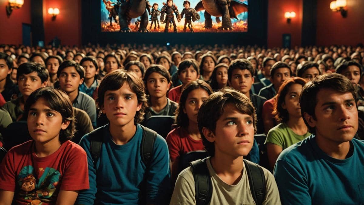 Cómo entrenar a tu dragón: ¿El live-action realmente conquista el corazón del público? A packed cinema in Mexico City, audience of all ages watching a dramatic scene from 'How to Train Your Dragon' live-action, photorealistic editorial style, warm evening lighting highlighting captivated faces and colorful dragon visuals on screen, main focus on central rows where families and teens react emotionally, modern and welcoming theater environment.