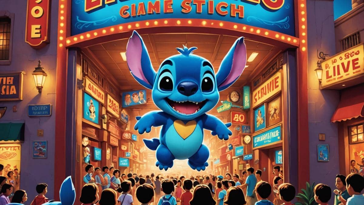 Lilo y Stitch en México: ¿por qué Disney sigue imbatible en taquilla? A bustling Mexican cinema entrance at night, families and children excitedly gathering around a large poster of Lilo & Stitch live-action, photorealistic editorial style, vibrant lighting highlighting colorful merchandise like plushies and hats featuring Stitch, main subjects centered and in sharp focus, clean background with subtle Disney branding.