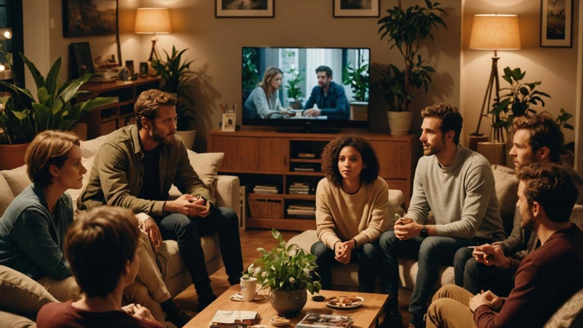 Demain nous appartient: ¿Qué revela realmente este episodio sobre nuestras propias relaciones? A group of diverse people sitting around a cozy, plant-filled living room, engaged in a deep conversation while watching a French TV drama on a modern flat-screen TV; photorealistic editorial style, warm evening lighting, emotional facial expressions reflecting intrigue and empathy, main subjects well-centered and in sharp focus, subtle French décor details like books and coffee mugs for added authenticity.