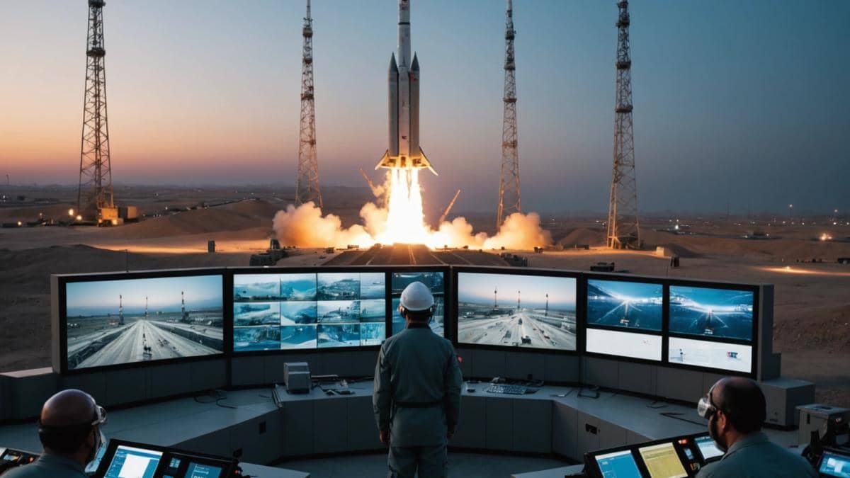 ¿Qué significa el misil hipersónico Fattah? Así cambió la guerra Irán-Israel desde dentro An editorial-style, photorealistic image of a high-tech missile launch facility in Iran at dusk, with the sleek Fattah hypersonic missile being prepped on a modern launch pad. Technicians in protective gear work around digital screens and blinking control panels. The background features Persian script banners and national flags, creating an atmosphere of tense anticipation and breakthrough technology. Main subject—the missile and its crew—must be clearly centered and in sharp focus, with dramatic lighting highlighting the technological details.