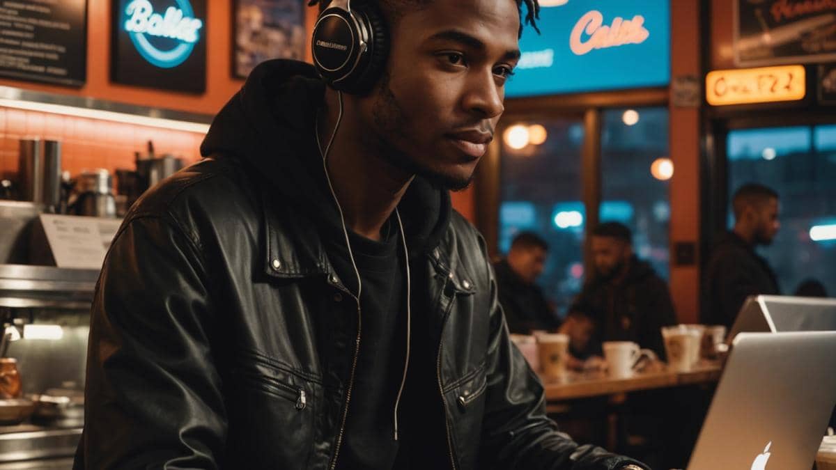 A young, stylish music producer in all-black streetwear, sitting at a Brooklyn diner counter at night, a laptop open with visible music software and headphones around his neck. Photorealistic editorial style, warm neon lighting reflecting the city vibe, coffee cup and vinyl record in foreground, the main subject centered and sharply focused with a slight smile of confidence. The background subtly hints at Brooklyn’s urban character but is clean to keep focus on the producer.