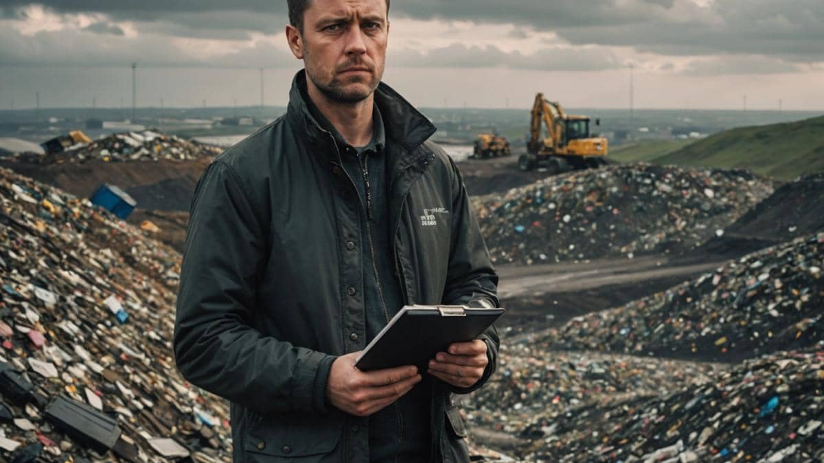 A determined man in his mid-30s standing at the edge of a massive landfill in Newport, Wales, holding a notebook and gazing thoughtfully towards piles of waste under cloudy skies, photorealistic editorial style, moody lighting with soft highlights on the main subject's face, subtle Bitcoin symbols on his clothes, clean and well-focused center composition, with faint cityscape in background.