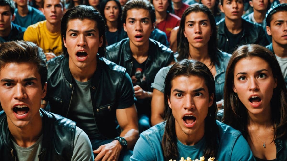 Mortal Kombat 2: ¿Por qué el hype está en silencio (y por qué deberías emocionarte)? A group of excited young adults in a modern Madrid cinema, watching an intense action scene from Mortal Kombat 2, photorealistic editorial style, vibrant colors and dramatic lighting, center-focused shot with cinema seats, some fans wearing cosplay accessories and holding popcorn, a sense of anticipation and thrill on their faces, main subject sharply in focus, background slightly blurred to highlight the central group.