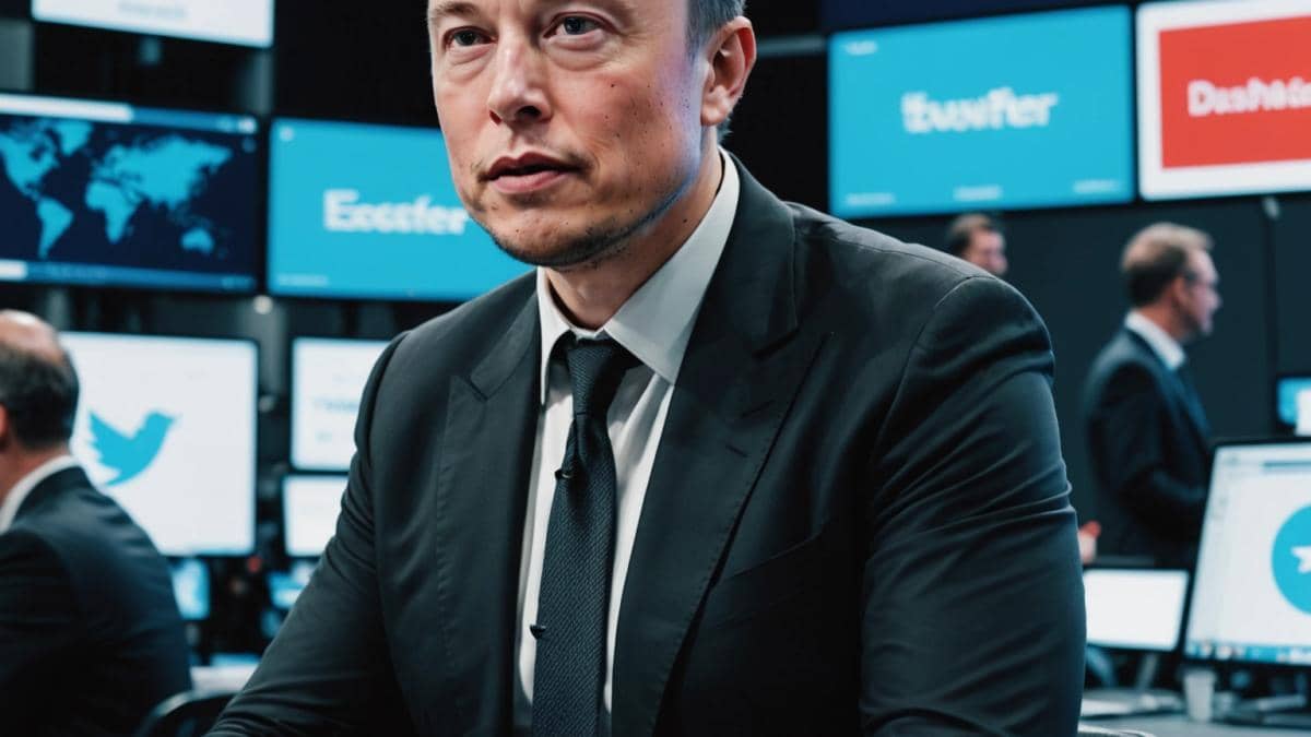 Musk, Twitter y los anunciantes: ¿genialidad o jugada arriesgada (y conocida)? A sharp, editorial-style photo of Elon Musk at a modern tech conference, centered at a sleek table with high-profile business executives and digital marketing visuals in the background. The scene is well-lit, with screens showing the X (Twitter) logo and advertising dashboards. Musk is mid-conversation, expressive, and the atmosphere is tense but professional. The main subject (Musk) is centered and in crisp focus; all branding and gadgets look realistic and current.
