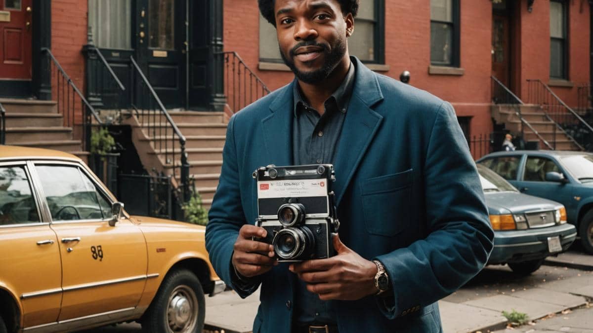 Daddy Ramazani y el nuevo Black horror: ¿la revolución indie que Hollywood teme? A charismatic Black comedian in his 30s, standing confidently in front of a vintage brownstone in Brooklyn's Bed-Stuy neighborhood. He holds a script and a camera, surrounded by a diverse, lively film crew and classic movie posters. The atmosphere is energetic and hopeful, with bright natural lighting illuminating the scene. Editorial-style, photorealistic image with the main subject sharply centered and in focus, capturing the spirit of grassroots filmmaking.