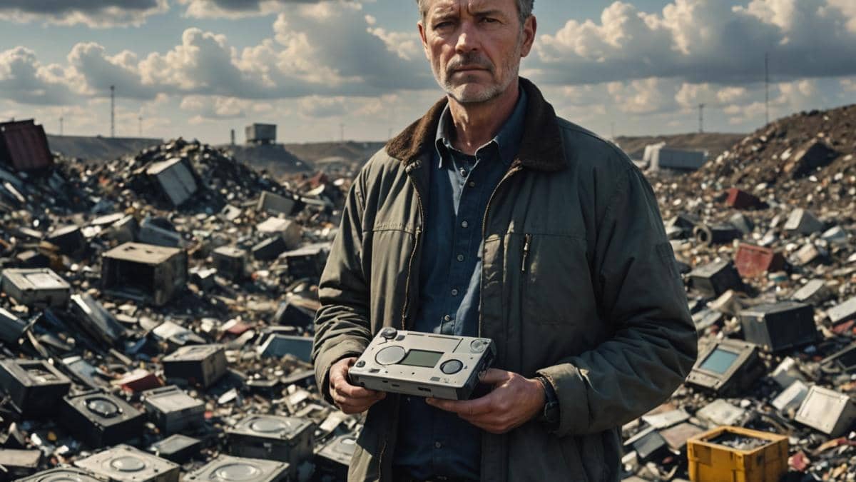Bitcoin perdido: ¿y si tu fortuna acaba en la basura? La historia real que nadie te contó A middle-aged man in casual clothes stands at the center of a vast landfill, holding an old hard drive with a look of intense determination and hope. The background features piles of trash, some visible technology gadgets, and distant robotic equipment. Editorial photorealistic style, clear daylight with dramatic clouds overhead, the main subject sharply centered and in focus, subtle hints of Bitcoin symbols among the debris.